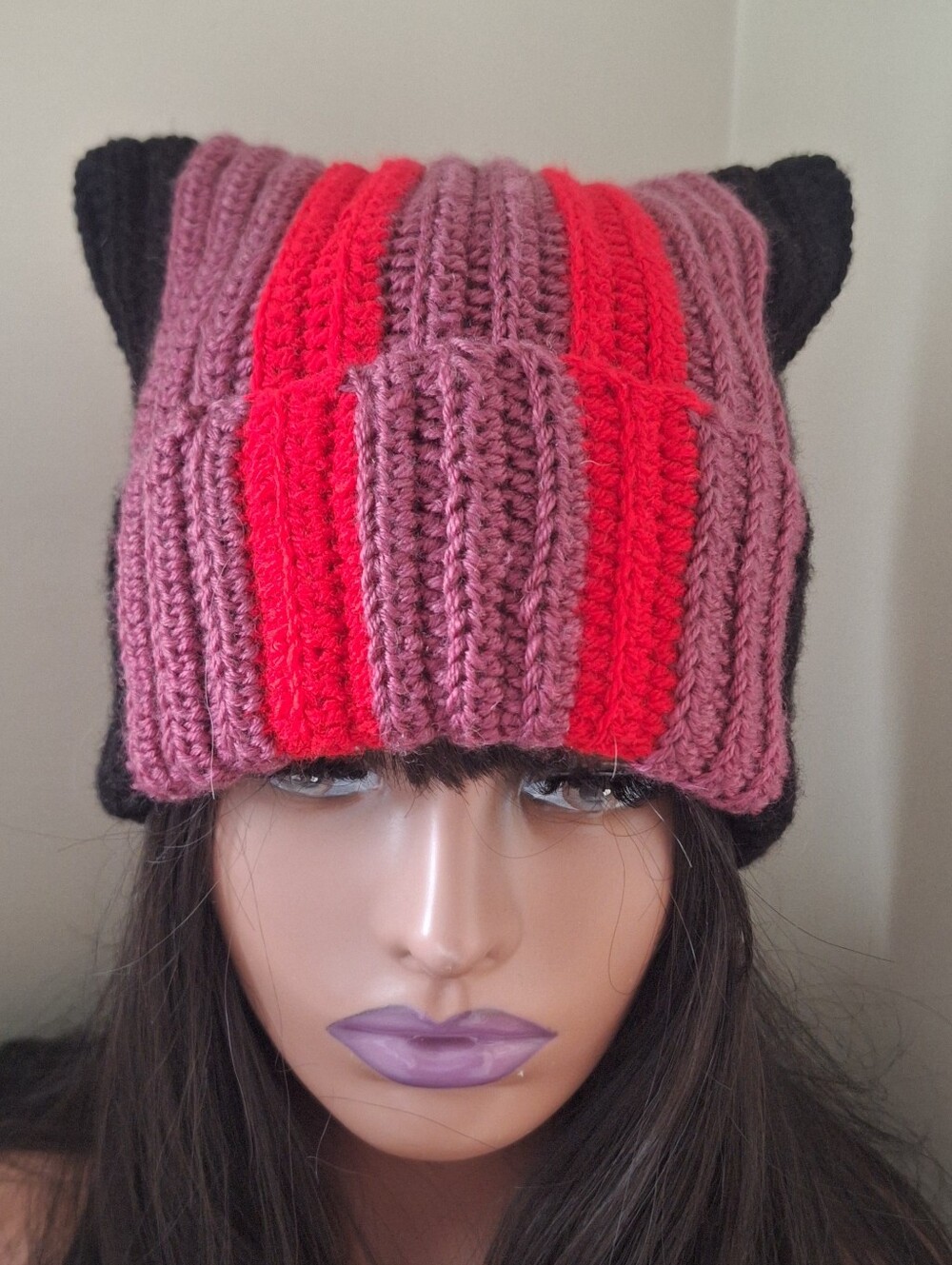 Striped Knit Beanie Hat in Black, Pink & Red